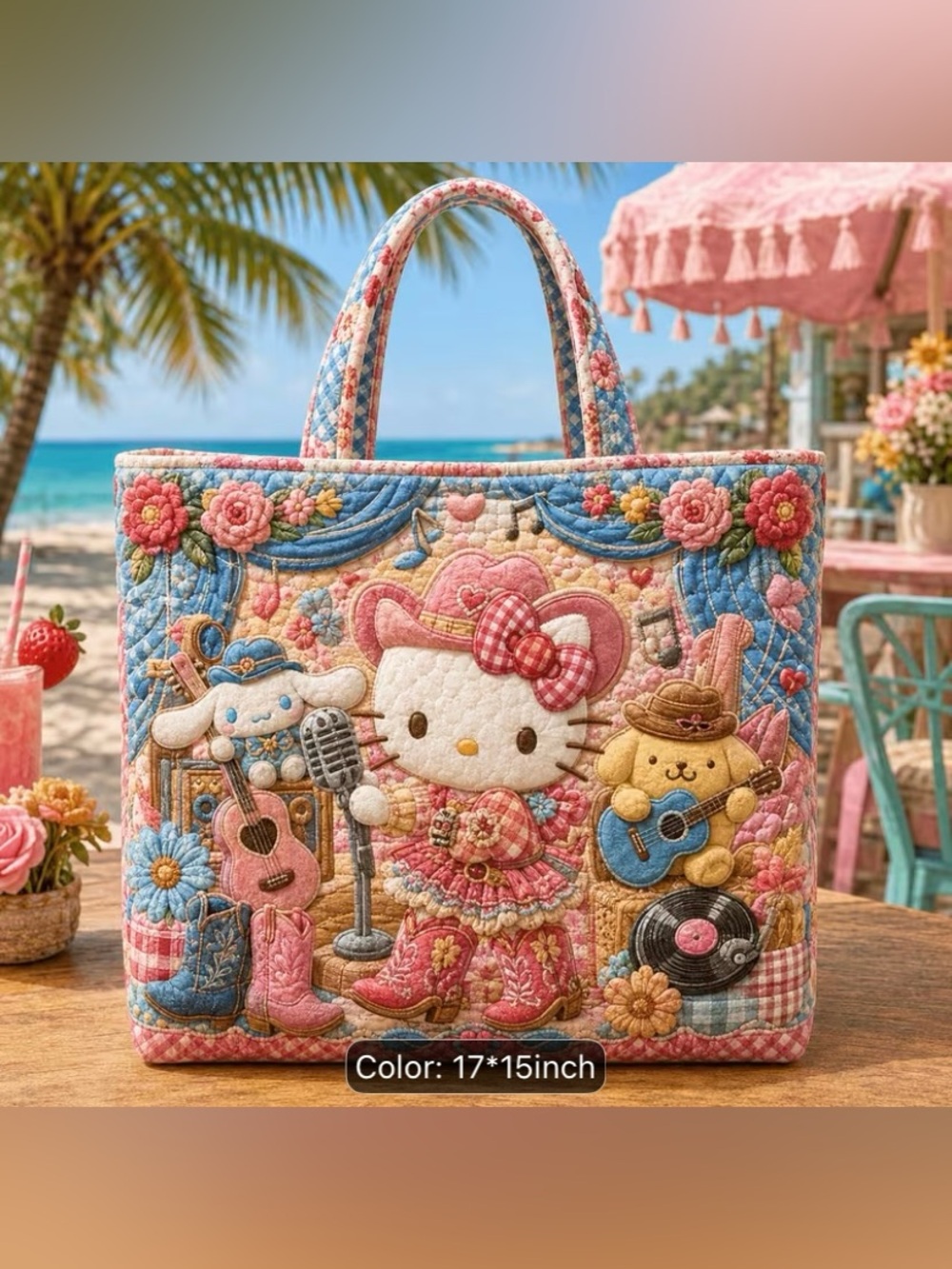 Hello Kitty Quilted Pink and Blue Embroidered Tote - Music Theme